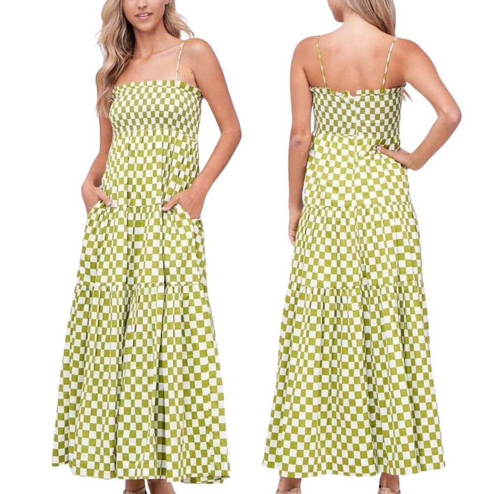 En Saison Gingham Smocked Tiered Midi Dress Summer - Medium